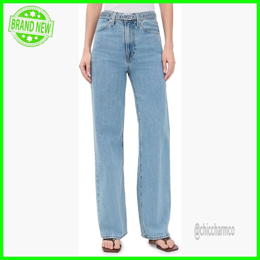 High Rise Wide Leg Jeans With Removable Belt, Relaxed Fit, Stretch Cotton